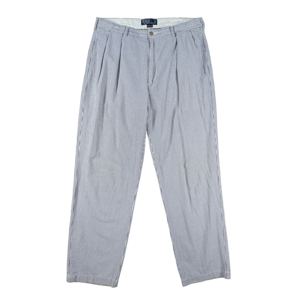 Polo‎ Ralph Lauren Andrew Pant Mens 35x32 Blue White Seersucker Pleated Trousers